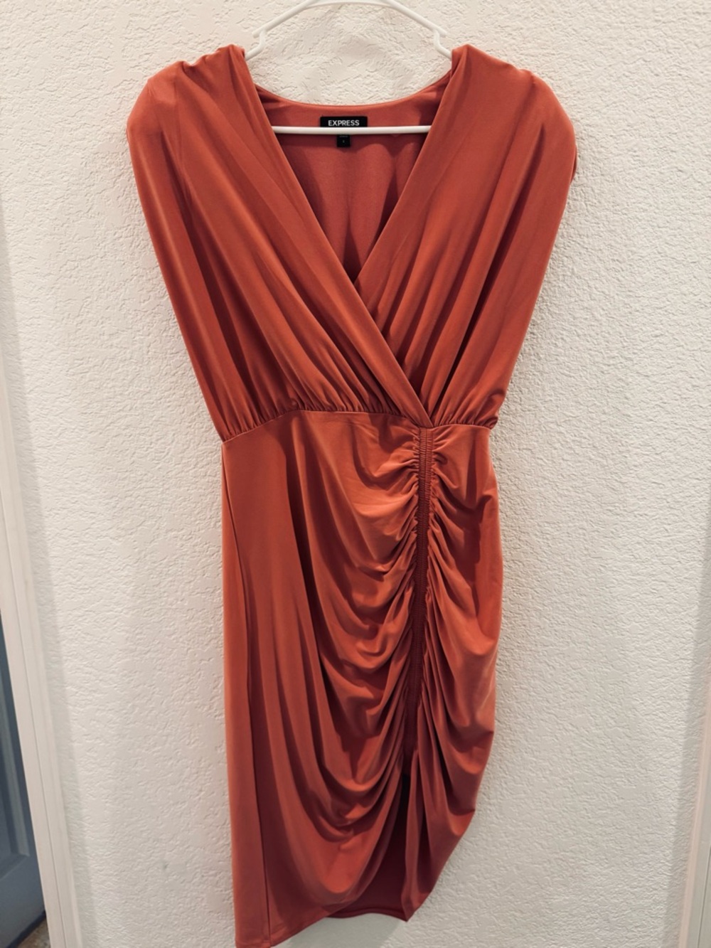Express One-Shoulder Rust Orange Ruched Wrap Dress
